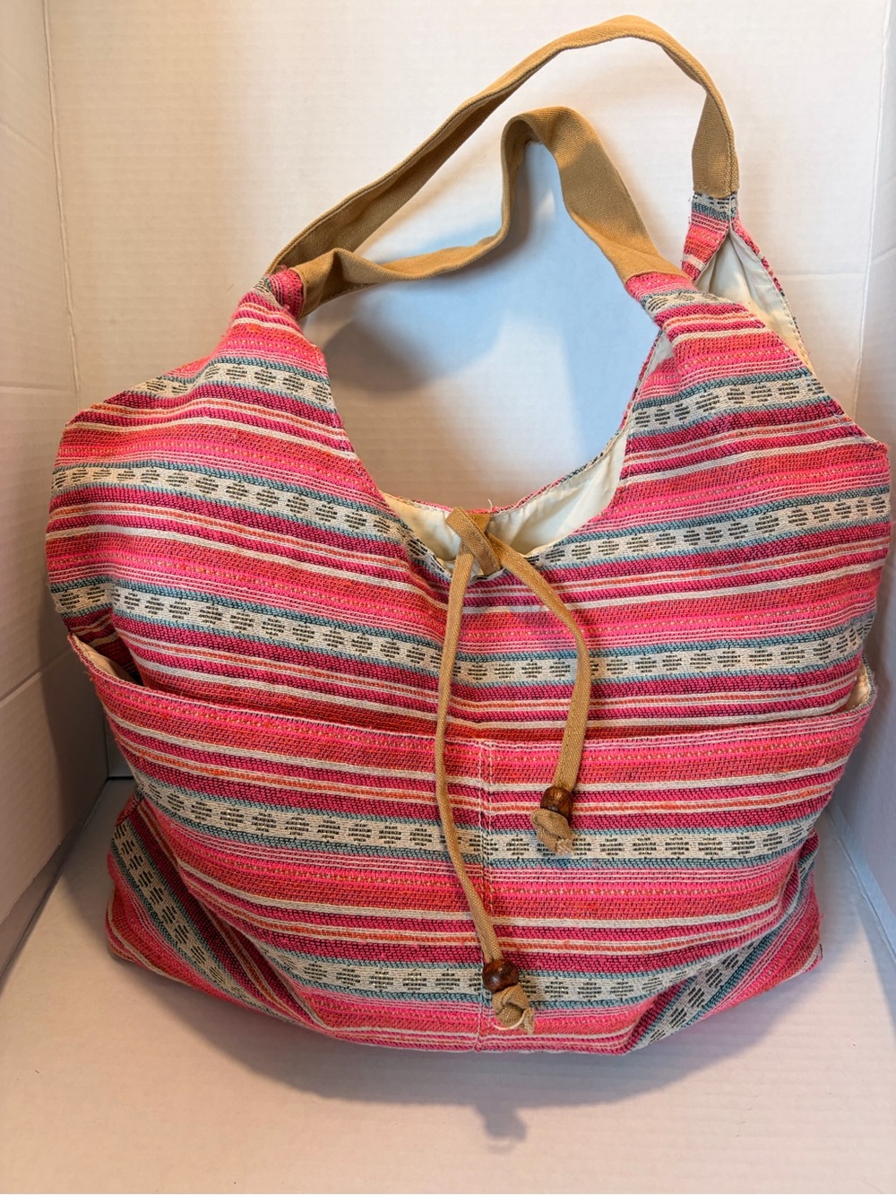 Source Unknown Pink Striped Canvas Shoulder Bag with Tan Accents